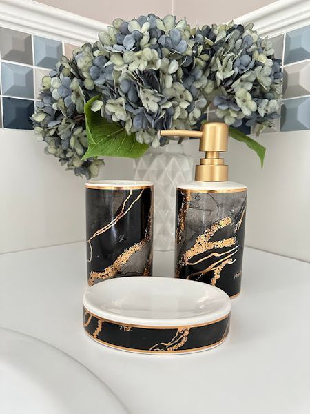 Набір для ванної &ldquo;Чорний мармур із золотом&rdquo; &ndash; 3 предмети, кераміка, чорний із золотим оздобленням 853-174 фото