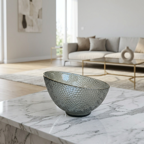 Салатник скляний &ldquo;Bubble&rdquo; 17,5&times;12&times;7 см, димчасто-сірий із золотим обідком 9219-026 фото