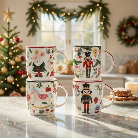 Порцеляновий кухоль Happy Holidays Лускунчик 365 мл, 4 дизайни &ndash; новорічна чашка з зимовими ілюстраціями (Ціна за 1шт) 311-120 фото