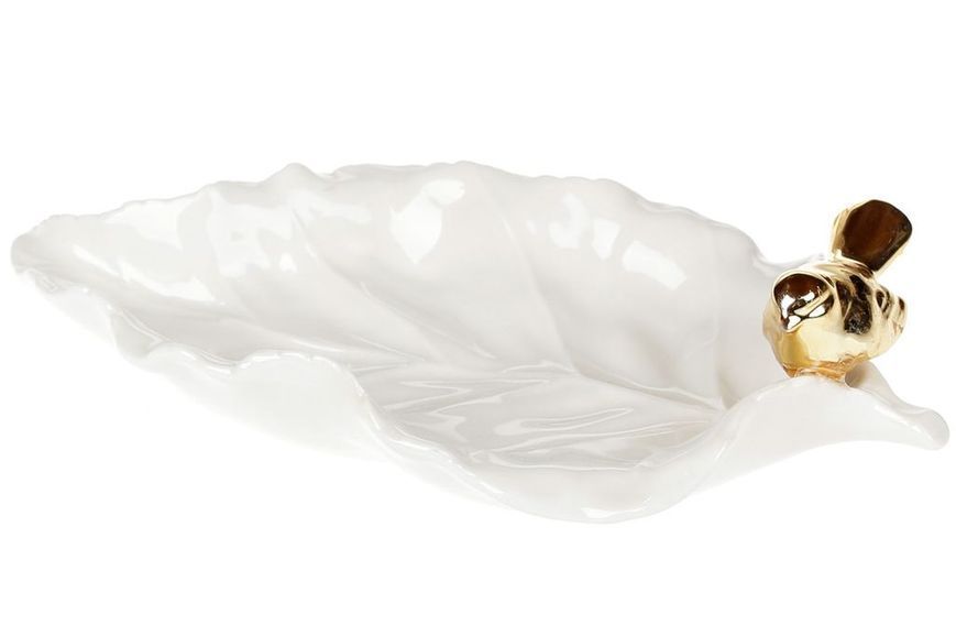 Декоративна тарілочка для прикрас "Лист із золотою пташкою" 21.8 см, біла 727-253 фото