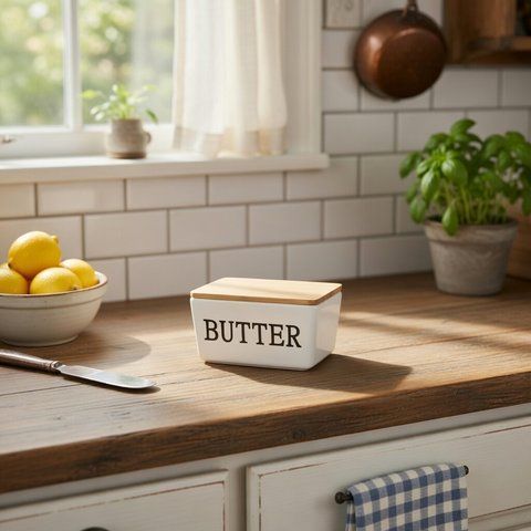 Маслянка керамічна &ldquo;Butter&rdquo; з бамбуковою кришкою, 13.8 см, біла 304-027 фото