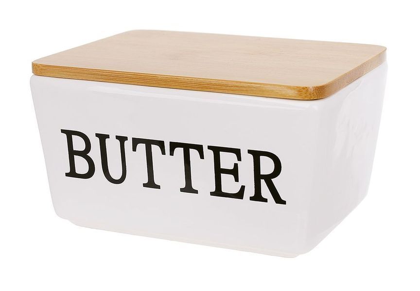 Маслянка керамічна &ldquo;Butter&rdquo; з бамбуковою кришкою, 13.8 см, біла 304-027 фото