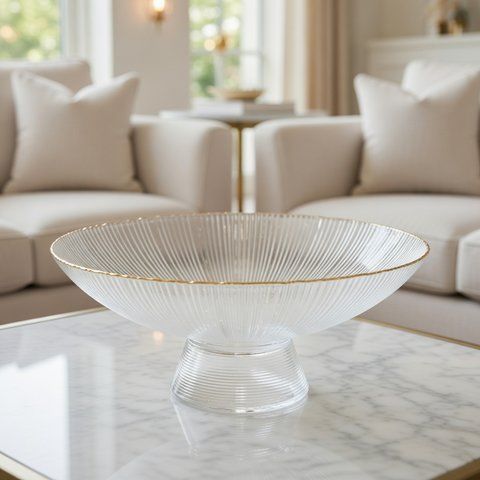 Фруктівниця скляна на ніжці &ldquo;Fleur&rdquo;, прозора із золотим обідком, 35 см 992-154 фото