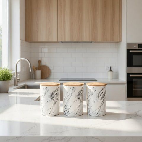 Набір керамічних банок з бамбуковими кришками &ldquo;Marble&rdquo; 800 мл, білий 304-977 фото